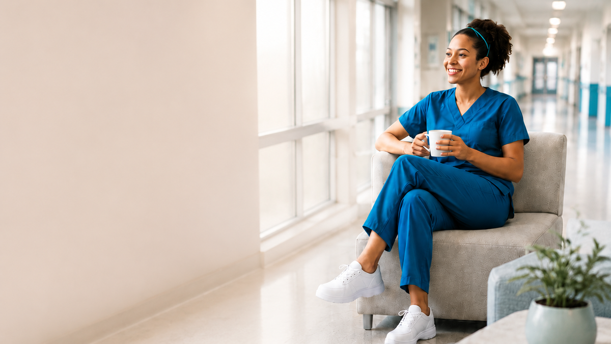 Nurse taking a break in comfortable white work shoes